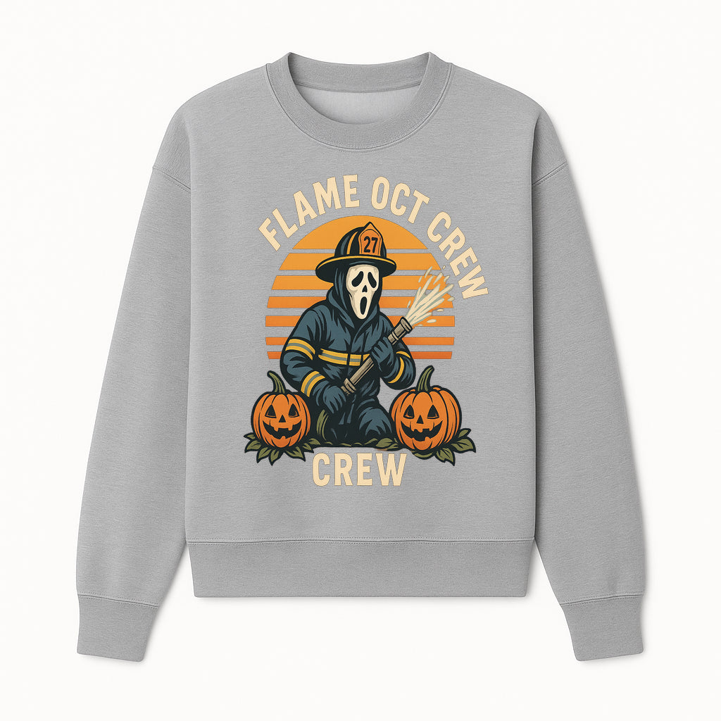 Flame October Crew Graphic Tee - Halloween Firefighter Design with Pumpkins and Ghost Mask for Spooky Season Fun - Sweatshirt 1757912452364.jpg