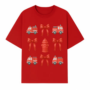 Fire Truck and Hydrant Pattern with Red Bows for Kids' Decor, Nursery Bedding, Gift Wrap, and Party Supplies. - T-shirt 1757912452459.jpg
