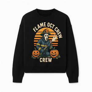 Flame October Crew Graphic Tee - Halloween Firefighter Design with Pumpkins and Ghost Mask for Spooky Season Fun - Sweatshirt 1757912452566.jpg