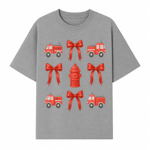 Fire Truck and Hydrant Pattern with Red Bows for Kids' Decor, Nursery Bedding, Gift Wrap, and Party Supplies. - T-shirt 1757912452636.jpg