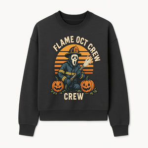 Flame October Crew Graphic Tee - Halloween Firefighter Design with Pumpkins and Ghost Mask for Spooky Season Fun - Sweatshirt 1757912452752.jpg