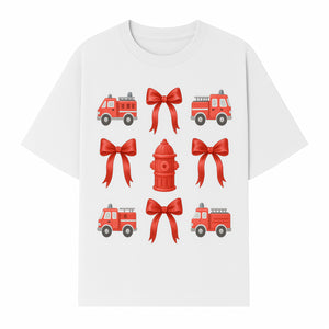 Fire Truck and Hydrant Pattern with Red Bows for Kids' Decor, Nursery Bedding, Gift Wrap, and Party Supplies. - T-shirt 1757912452796.jpg