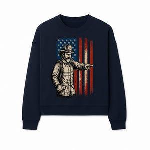 Vintage Firefighter with American Flag Graphic T-Shirt | Patriotic Fireman Apparel | Fire Rescue Lover Gift - Sweatshirt 1757912452814.jpg