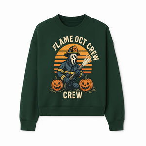 Flame October Crew Graphic Tee - Halloween Firefighter Design with Pumpkins and Ghost Mask for Spooky Season Fun - Sweatshirt 1757912452910.jpg