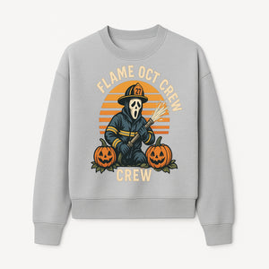 Flame October Crew Graphic Tee - Halloween Firefighter Design with Pumpkins and Ghost Mask for Spooky Season Fun - Sweatshirt 1757912453077.jpg