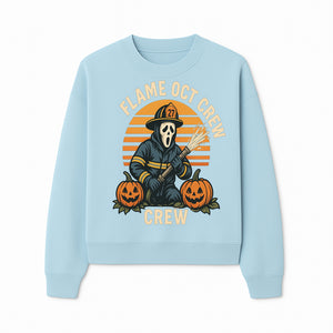 Flame October Crew Graphic Tee - Halloween Firefighter Design with Pumpkins and Ghost Mask for Spooky Season Fun - Sweatshirt 1757912453212.jpg