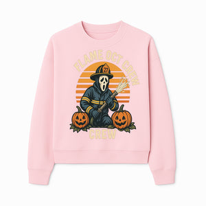 Flame October Crew Graphic Tee - Halloween Firefighter Design with Pumpkins and Ghost Mask for Spooky Season Fun - Sweatshirt 1757912453361.jpg