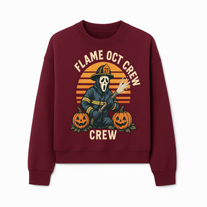 Flame October Crew Graphic Tee - Halloween Firefighter Design with Pumpkins and Ghost Mask for Spooky Season Fun - Sweatshirt 1757912453511.jpg
