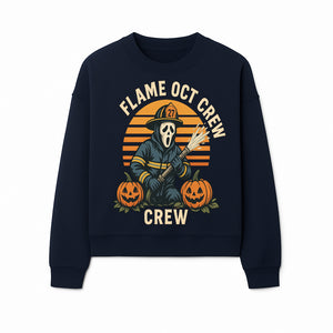 Flame October Crew Graphic Tee - Halloween Firefighter Design with Pumpkins and Ghost Mask for Spooky Season Fun - Sweatshirt 1757912453699.jpg
