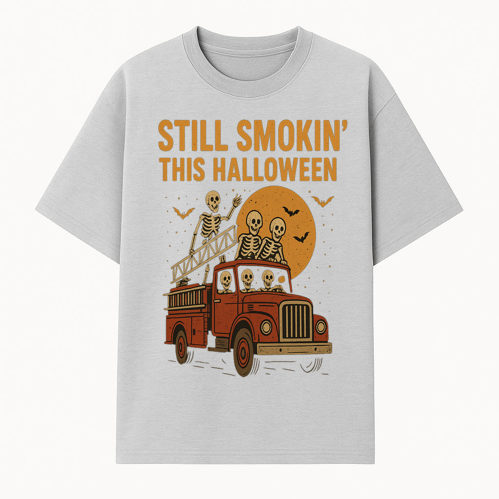 Vintage Skeleton Fire Truck Halloween Graphic T-Shirt, Retro Spooky Apparel, Still Smokin' This Halloween, Fun Costume Party Wear - T-shirt 1757912453725.jpg