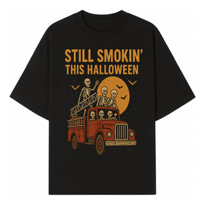 Vintage Skeleton Fire Truck Halloween Graphic T-Shirt, Retro Spooky Apparel, Still Smokin' This Halloween, Fun Costume Party Wear - T-shirt 1757912453857.jpg