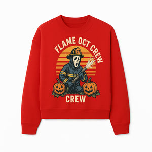 Flame October Crew Graphic Tee - Halloween Firefighter Design with Pumpkins and Ghost Mask for Spooky Season Fun - Sweatshirt 1757912453869.jpg