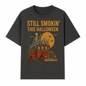 Vintage Skeleton Fire Truck Halloween Graphic T-Shirt, Retro Spooky Apparel, Still Smokin' This Halloween, Fun Costume Party Wear - T-shirt 1757912454059.jpg