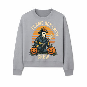 Flame October Crew Graphic Tee - Halloween Firefighter Design with Pumpkins and Ghost Mask for Spooky Season Fun - Sweatshirt 1757912454077.jpg