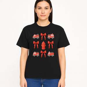 Fire Truck and Hydrant Pattern with Red Bows for Kids' Decor, Nursery Bedding, Gift Wrap, and Party Supplies. - T-shirt 1757912454099.jpg