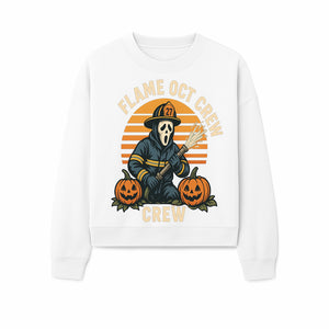 Flame October Crew Graphic Tee - Halloween Firefighter Design with Pumpkins and Ghost Mask for Spooky Season Fun - Sweatshirt 1757912454217.jpg