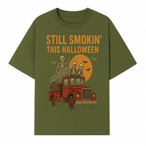 Vintage Skeleton Fire Truck Halloween Graphic T-Shirt, Retro Spooky Apparel, Still Smokin' This Halloween, Fun Costume Party Wear - T-shirt 1757912454225.jpg
