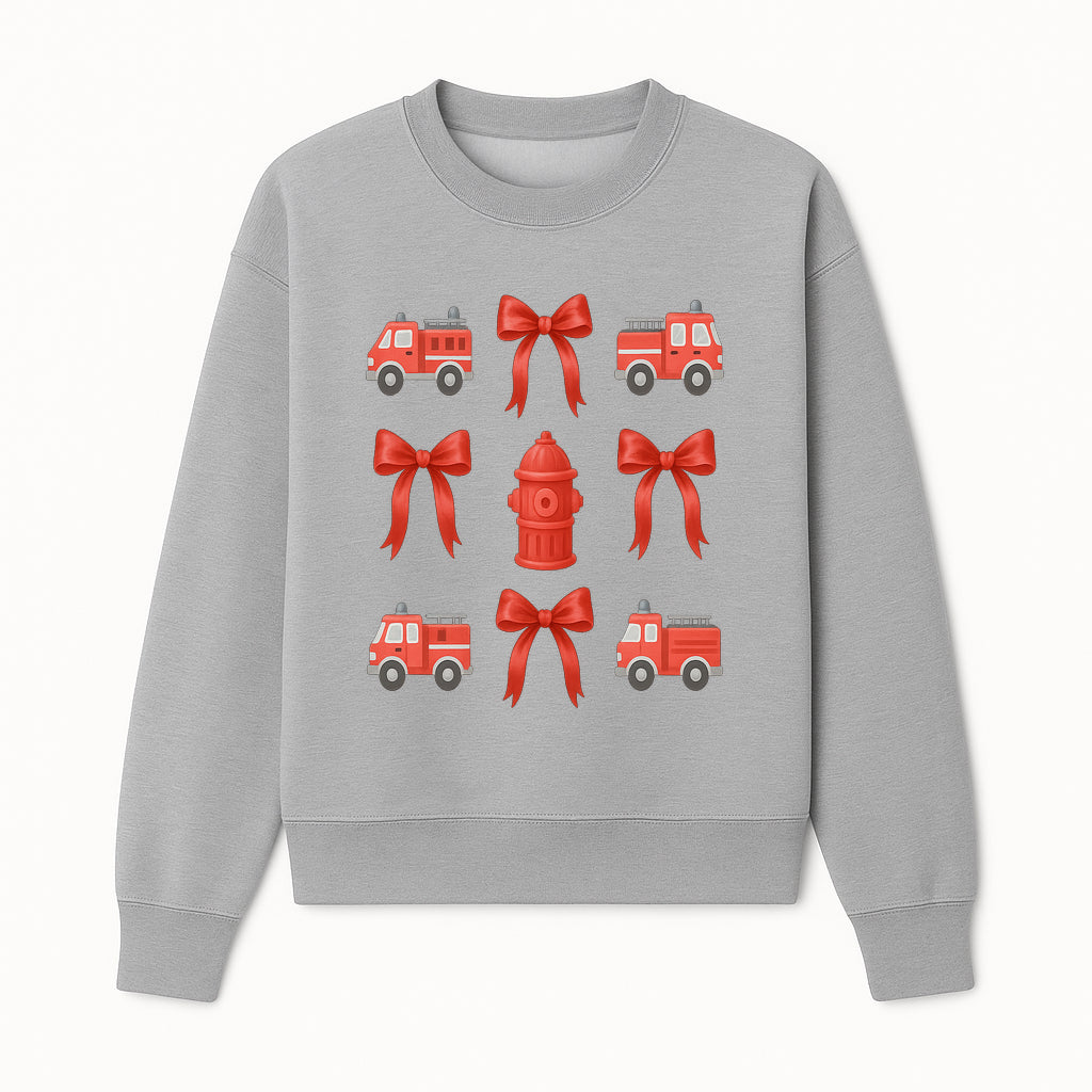 Fire Truck and Hydrant Pattern with Red Bows for Kids' Decor, Nursery Bedding, Gift Wrap, and Party Supplies. - Sweatshirt 1757912454253.jpg