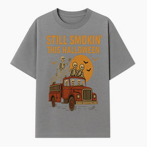 Vintage Skeleton Fire Truck Halloween Graphic T-Shirt, Retro Spooky Apparel, Still Smokin' This Halloween, Fun Costume Party Wear - T-shirt 1757912454418.jpg