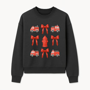 Fire Truck and Hydrant Pattern with Red Bows for Kids' Decor, Nursery Bedding, Gift Wrap, and Party Supplies. - Sweatshirt 1757912454538.jpg