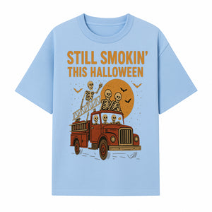 Vintage Skeleton Fire Truck Halloween Graphic T-Shirt, Retro Spooky Apparel, Still Smokin' This Halloween, Fun Costume Party Wear - T-shirt 1757912454575.jpg