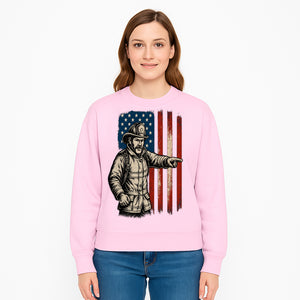 Vintage Firefighter with American Flag Graphic T-Shirt | Patriotic Fireman Apparel | Fire Rescue Lover Gift - Sweatshirt 1757912454622.jpg