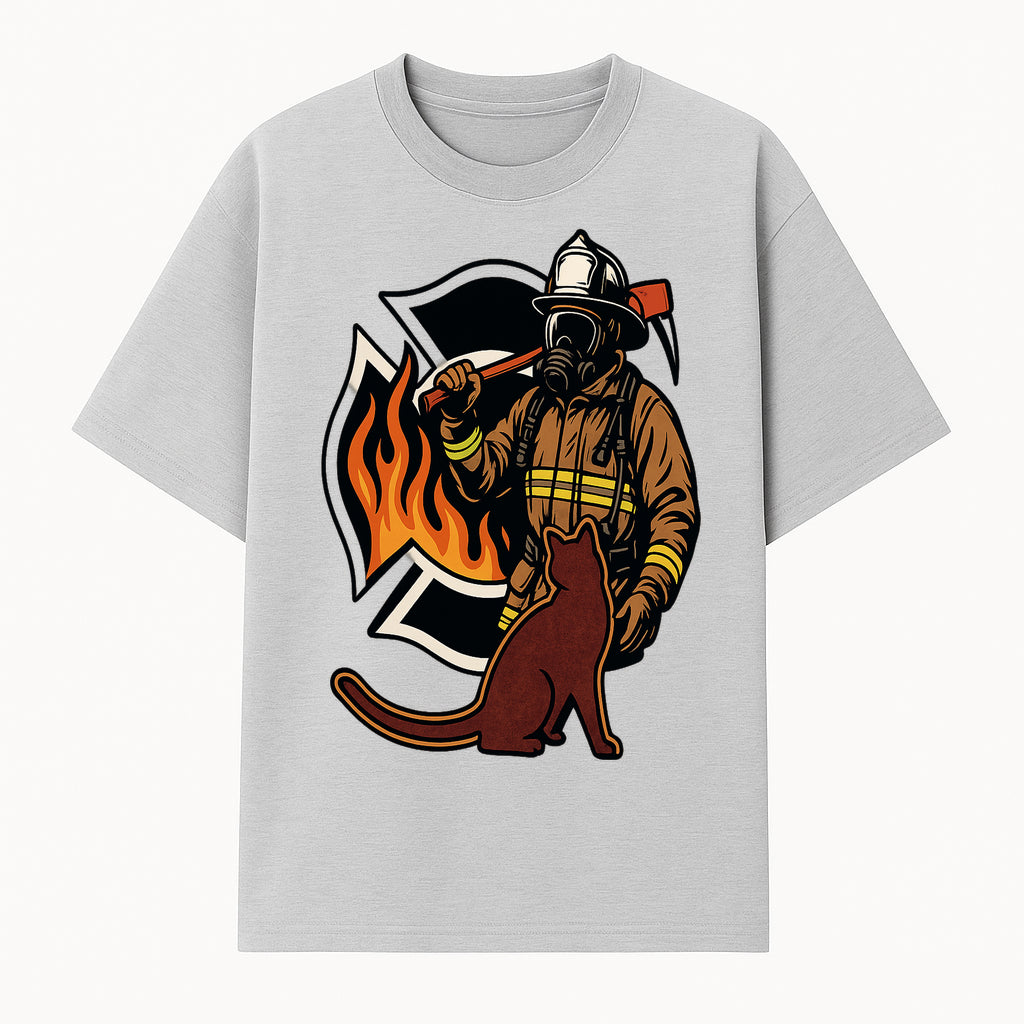 Firefighter with Cat Graphic Tee | Fire Rescue Battalion Apparel | Unique Firefighter Gifts for Cat Lovers | Fire Safety Design - T-shirt 1757912454736.jpg