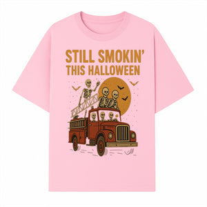 Vintage Skeleton Fire Truck Halloween Graphic T-Shirt, Retro Spooky Apparel, Still Smokin' This Halloween, Fun Costume Party Wear - T-shirt 1757912454740.jpg