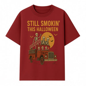 Vintage Skeleton Fire Truck Halloween Graphic T-Shirt, Retro Spooky Apparel, Still Smokin' This Halloween, Fun Costume Party Wear - T-shirt 1757912454877.jpg