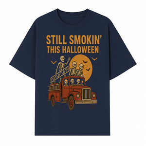 Vintage Skeleton Fire Truck Halloween Graphic T-Shirt, Retro Spooky Apparel, Still Smokin' This Halloween, Fun Costume Party Wear - T-shirt 1757912455081.jpg