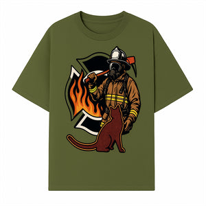 Firefighter with Cat Graphic Tee | Fire Rescue Battalion Apparel | Unique Firefighter Gifts for Cat Lovers | Fire Safety Design - T-shirt 1757912455162.jpg