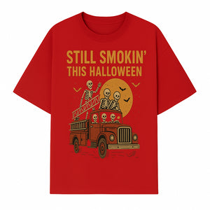 Vintage Skeleton Fire Truck Halloween Graphic T-Shirt, Retro Spooky Apparel, Still Smokin' This Halloween, Fun Costume Party Wear - T-shirt 1757912455302.jpg