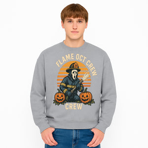Flame October Crew Graphic Tee - Halloween Firefighter Design with Pumpkins and Ghost Mask for Spooky Season Fun - Sweatshirt 1757912455366.jpg