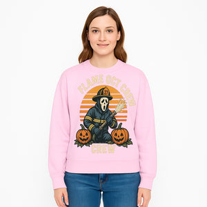 Flame October Crew Graphic Tee - Halloween Firefighter Design with Pumpkins and Ghost Mask for Spooky Season Fun - Sweatshirt 1757912455561.jpg