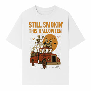 Vintage Skeleton Fire Truck Halloween Graphic T-Shirt, Retro Spooky Apparel, Still Smokin' This Halloween, Fun Costume Party Wear - T-shirt 1757912455656.jpg