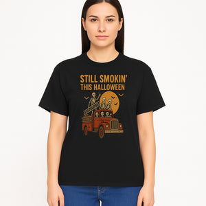 Vintage Skeleton Fire Truck Halloween Graphic T-Shirt, Retro Spooky Apparel, Still Smokin' This Halloween, Fun Costume Party Wear - T-shirt 1757912457005.jpg