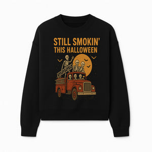 Vintage Skeleton Fire Truck Halloween Graphic T-Shirt, Retro Spooky Apparel, Still Smokin' This Halloween, Fun Costume Party Wear - Sweatshirt 1757912457285.jpg
