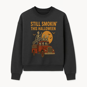 Vintage Skeleton Fire Truck Halloween Graphic T-Shirt, Retro Spooky Apparel, Still Smokin' This Halloween, Fun Costume Party Wear - Sweatshirt 1757912457434.jpg