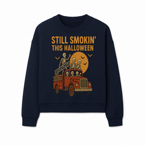 Vintage Skeleton Fire Truck Halloween Graphic T-Shirt, Retro Spooky Apparel, Still Smokin' This Halloween, Fun Costume Party Wear - Sweatshirt 1757912458392.jpg