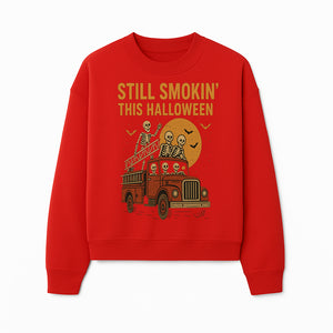 Vintage Skeleton Fire Truck Halloween Graphic T-Shirt, Retro Spooky Apparel, Still Smokin' This Halloween, Fun Costume Party Wear - Sweatshirt 1757912458559.jpg