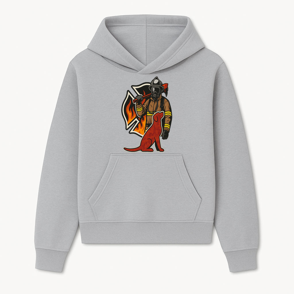 Firefighter and Dog Graphic Art | Fire Rescue Hero Design | Fireman with Mascot | Firefighting Gifts | Wall Art Decor - Hoodie 1757912459033.jpg