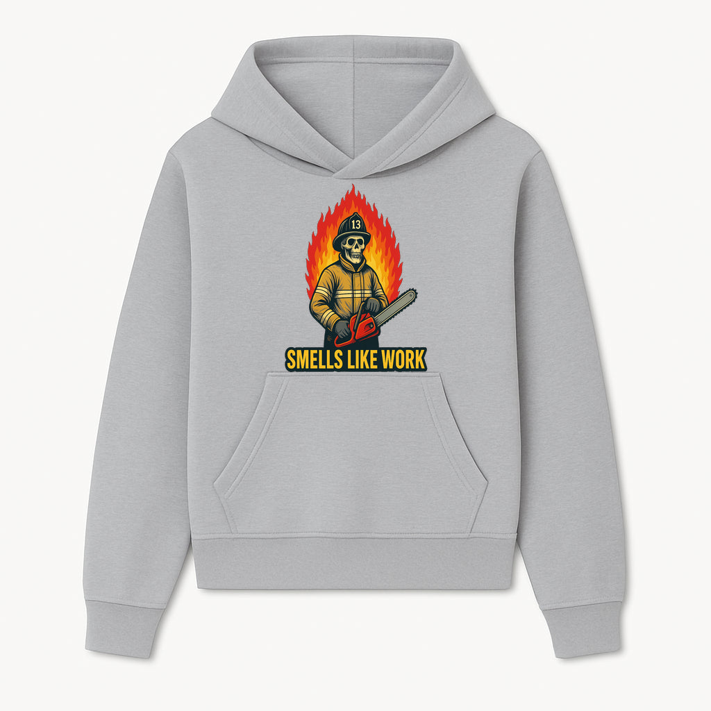 Skull Firefighter T-Shirt - 'Smells Like Work' Graphic Tee, Horror Theme, Chainsaw Design, Fireman Humor Apparel - Hoodie 1757912459299.jpg