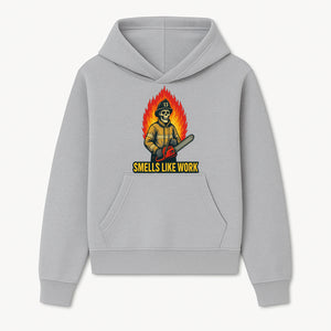 Skull Firefighter T-Shirt - 'Smells Like Work' Graphic Tee, Horror Theme, Chainsaw Design, Fireman Humor Apparel - Hoodie 1757912459299.jpg