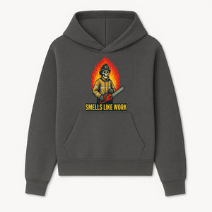 Skull Firefighter T-Shirt - 'Smells Like Work' Graphic Tee, Horror Theme, Chainsaw Design, Fireman Humor Apparel - Hoodie 1757912459648.jpg