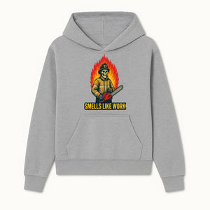 Skull Firefighter T-Shirt - 'Smells Like Work' Graphic Tee, Horror Theme, Chainsaw Design, Fireman Humor Apparel - Hoodie 1757912459991.jpg