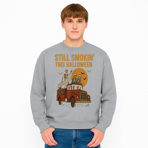 Vintage Skeleton Fire Truck Halloween Graphic T-Shirt, Retro Spooky Apparel, Still Smokin' This Halloween, Fun Costume Party Wear - Sweatshirt 1757912460044.jpg