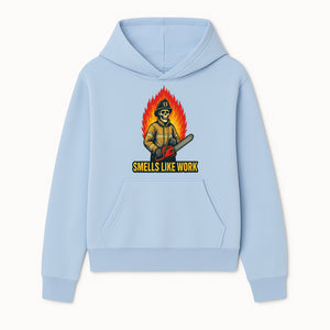 Skull Firefighter T-Shirt - 'Smells Like Work' Graphic Tee, Horror Theme, Chainsaw Design, Fireman Humor Apparel - Hoodie 1757912460136.jpg