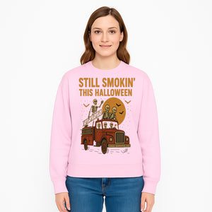 Vintage Skeleton Fire Truck Halloween Graphic T-Shirt, Retro Spooky Apparel, Still Smokin' This Halloween, Fun Costume Party Wear - Sweatshirt 1757912460202.jpg