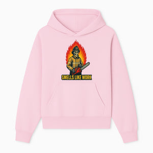 Skull Firefighter T-Shirt - 'Smells Like Work' Graphic Tee, Horror Theme, Chainsaw Design, Fireman Humor Apparel - Hoodie 1757912460308.jpg