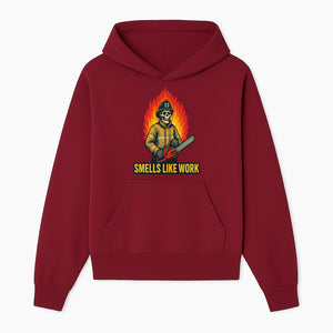 Skull Firefighter T-Shirt - 'Smells Like Work' Graphic Tee, Horror Theme, Chainsaw Design, Fireman Humor Apparel - Hoodie 1757912460495.jpg